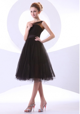 One Shoulder Black Tulle Knee-length Prom Dress