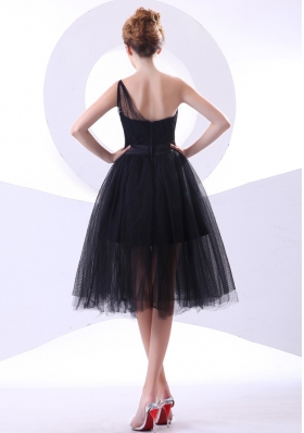 One Shoulder Black Tulle Knee-length Prom Dress