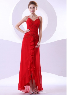 Red Straps V-neck Ankle-length Prom Dress Beaded