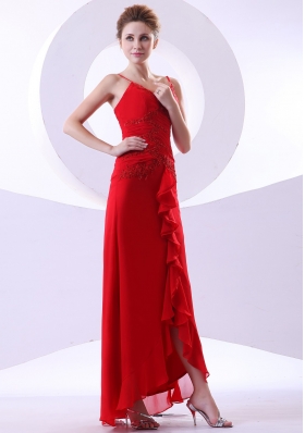 Red Straps V-neck Ankle-length Prom Dress Beaded