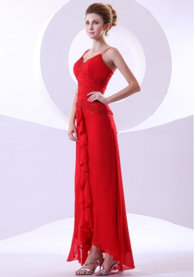 Red Straps V-neck Ankle-length Prom Dress Beaded