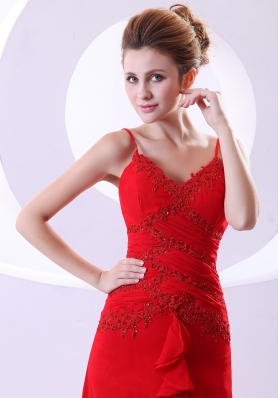 Red Straps V-neck Ankle-length Prom Dress Beaded