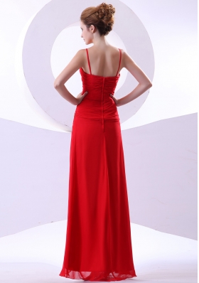 Red Straps V-neck Ankle-length Prom Dress Beaded