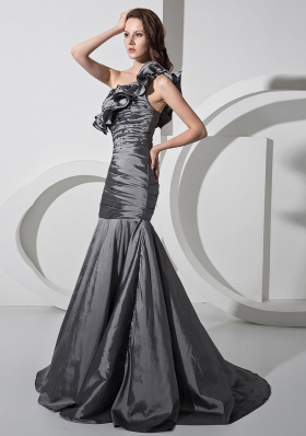 One Shoulder Silver Mermaid Beaded Prom Gown Ruffled