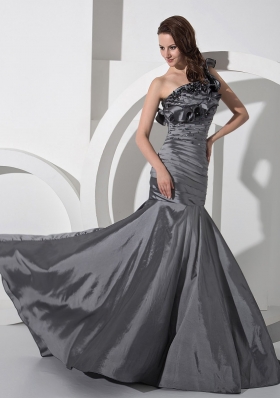 One Shoulder Silver Mermaid Beaded Prom Gown Ruffled