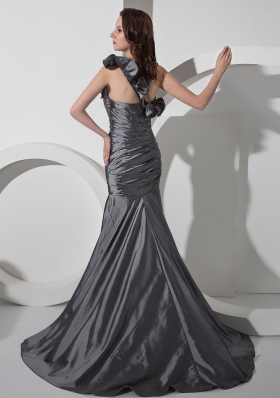 One Shoulder Silver Mermaid Beaded Prom Gown Ruffled