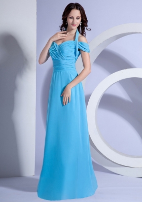 Aqua Blue Ruched Halter Prom Gown Chiffon