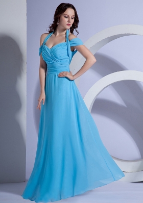 Aqua Blue Ruched Halter Prom Gown Chiffon