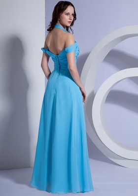 Aqua Blue Ruched Halter Prom Gown Chiffon