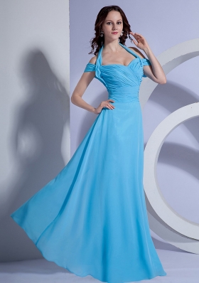 Aqua Blue Ruched Halter Prom Gown Chiffon