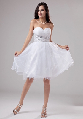 Beaded Knee-length White Prom Dress Organza A-Line