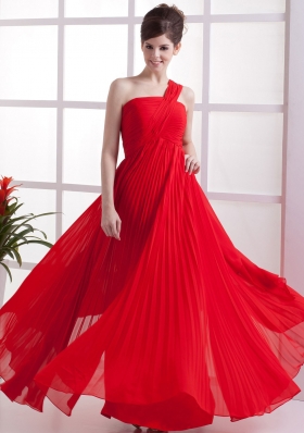 One Shoulder Red Pleated Empire Chiffon Prom Dress