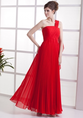 One Shoulder Red Pleated Empire Chiffon Prom Dress