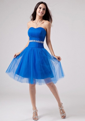 TulleBlue Beading Prom Dress A-Line Knee-length