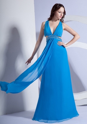 Sky Blue Side Cut V-neck Prom Gown Beaded Chiffon