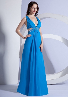 Sky Blue Side Cut V-neck Prom Gown Beaded Chiffon