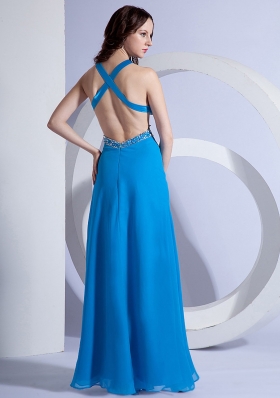 Sky Blue Side Cut V-neck Prom Gown Beaded Chiffon