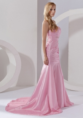 Mermaid Pink Taffeta Prom Dress Court Train Beaded