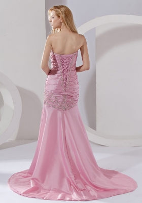 Mermaid Pink Taffeta Prom Dress Court Train Beaded