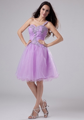 One Shoulder Lavender Prom Dress Appliques Ruched