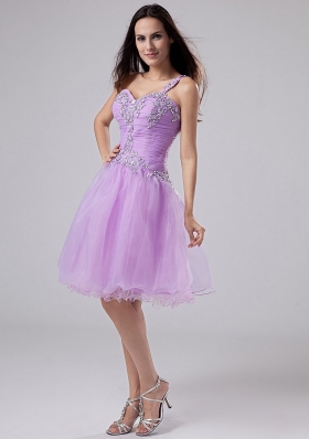 One Shoulder Lavender Prom Dress Appliques Ruched