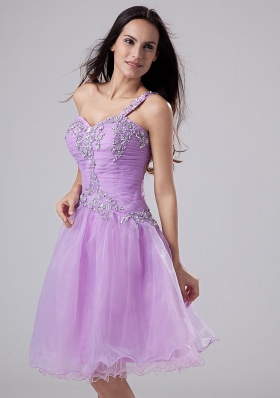 One Shoulder Lavender Prom Dress Appliques Ruched