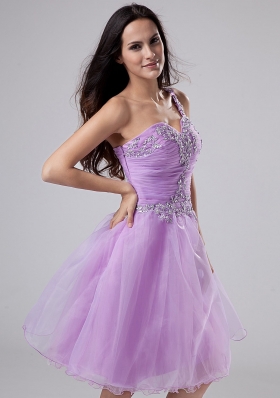 One Shoulder Lavender Prom Dress Appliques Ruched