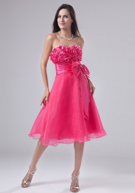 Handmade Flowers Bowknot Hot Pink Prom Gown Short