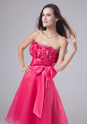 Handmade Flowers Bowknot Hot Pink Prom Gown Short