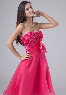 Handmade Flowers Bowknot Hot Pink Prom Gown Short