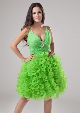 V-neck Knee-length Ruffled Prom Gown Spring Green