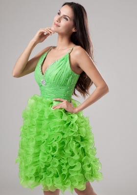 V-neck Knee-length Ruffled Prom Gown Spring Green