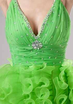 V-neck Knee-length Ruffled Prom Gown Spring Green