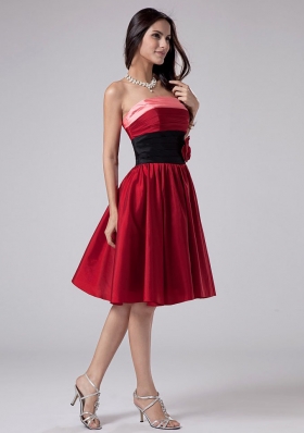 Knee-length Wine Red Prom Gown with Handmade Flower