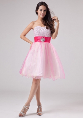 Beading Pink Mini-length Sash Prom Dress Beaded