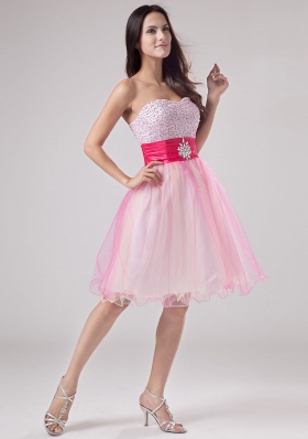 Beading Pink Mini-length Sash Prom Dress Beaded