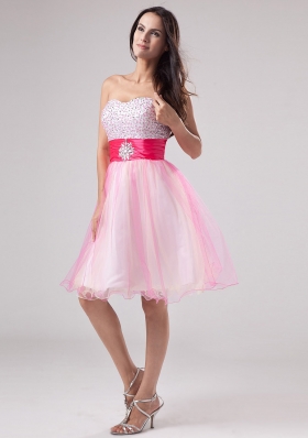 Beading Pink Mini-length Sash Prom Dress Beaded