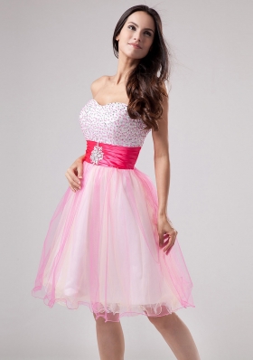 Beading Pink Mini-length Sash Prom Dress Beaded