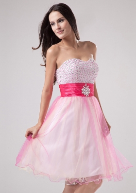 Beading Pink Mini-length Sash Prom Dress Beaded