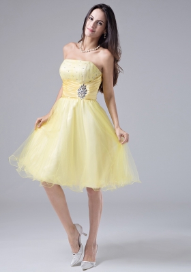 Light Yellow Short Prom Dress Beaded Ruch Organza