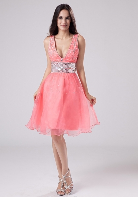 Straps Watermelon Knee-length Prom Dress Sequined