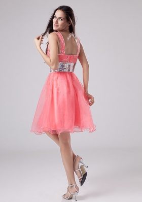 Straps Watermelon Knee-length Prom Dress Sequined