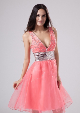 Straps Watermelon Knee-length Prom Dress Sequined