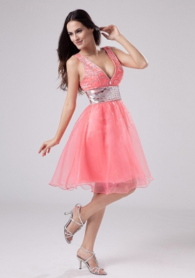 Straps Watermelon Knee-length Prom Dress Sequined