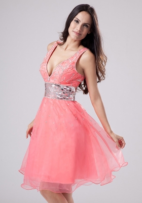 Straps Watermelon Knee-length Prom Dress Sequined