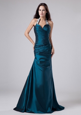Turquoise Halter Taffeta prom Dress with Applique