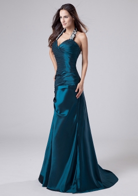 Turquoise Halter Taffeta prom Dress with Applique