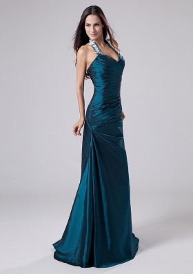 Turquoise Halter Taffeta prom Dress with Applique