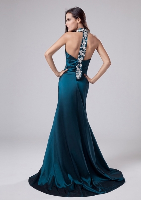 Turquoise Halter Taffeta prom Dress with Applique