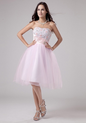 Tea-length Pink Tulle Lace and Beaded Prom Dress